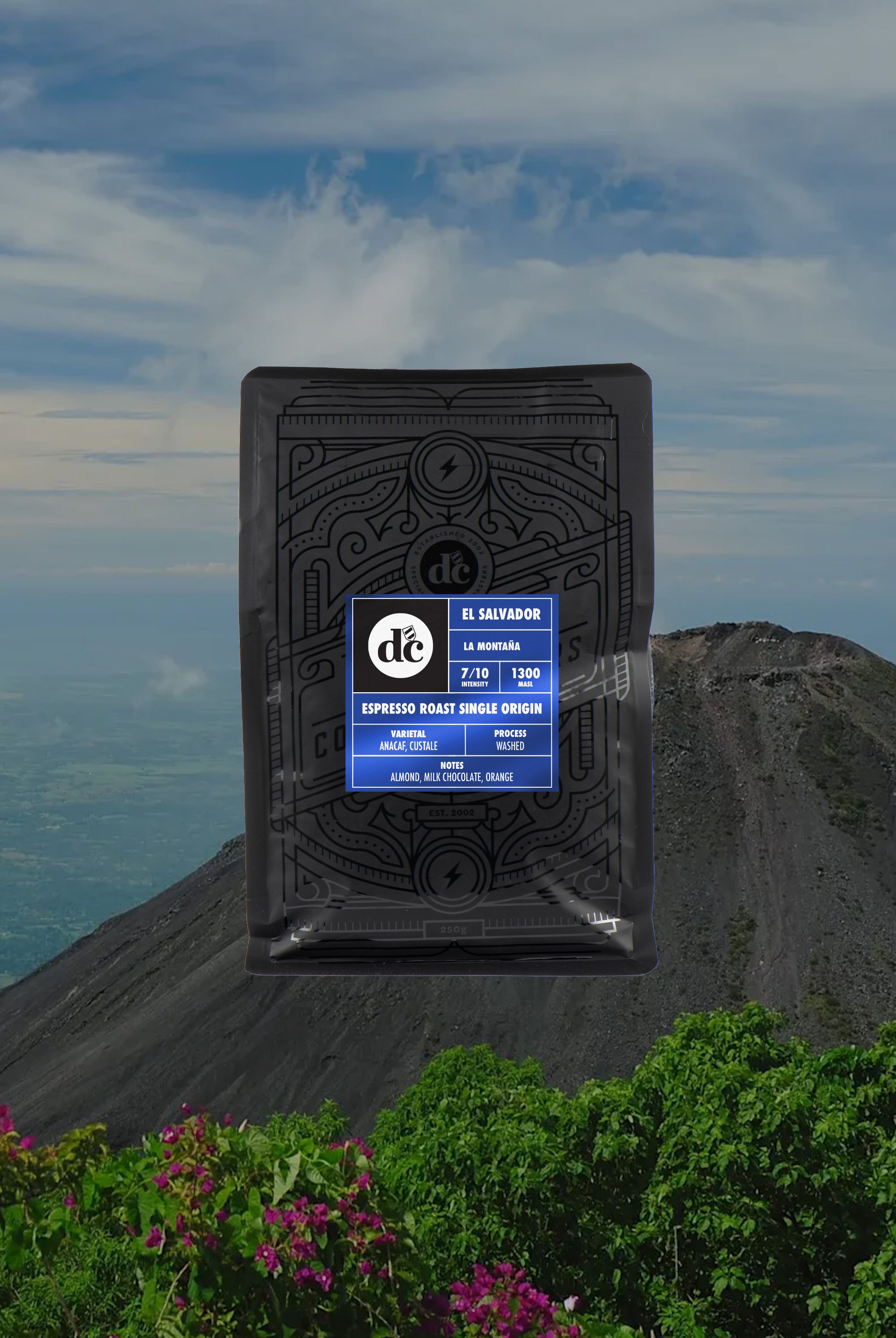 dc Coffee Espresso Roast Single Origin El Salvador coffee bag on mountain landscape