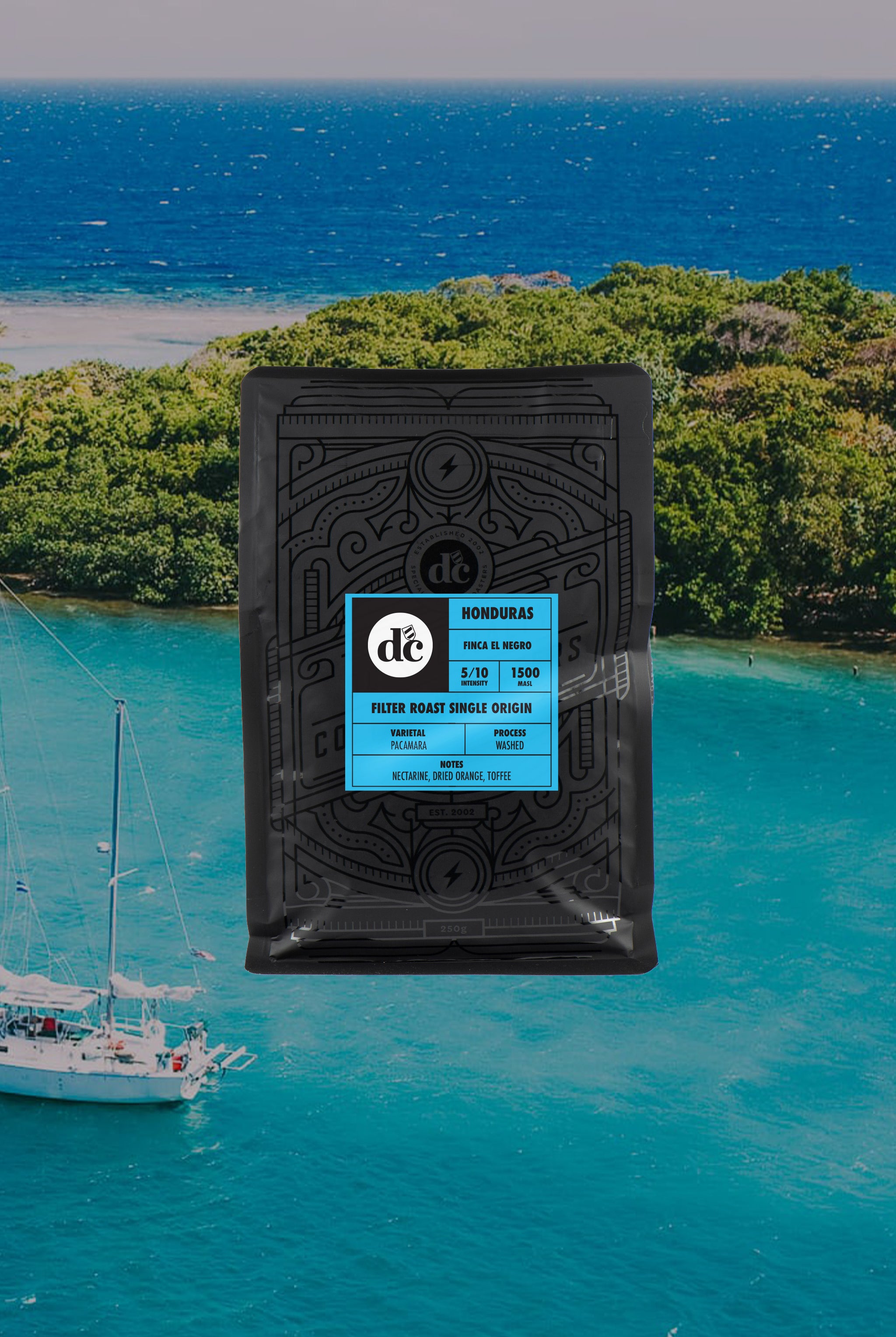 Finca El Negro Filter Single Origin Coffee Bag overlayed over beach image