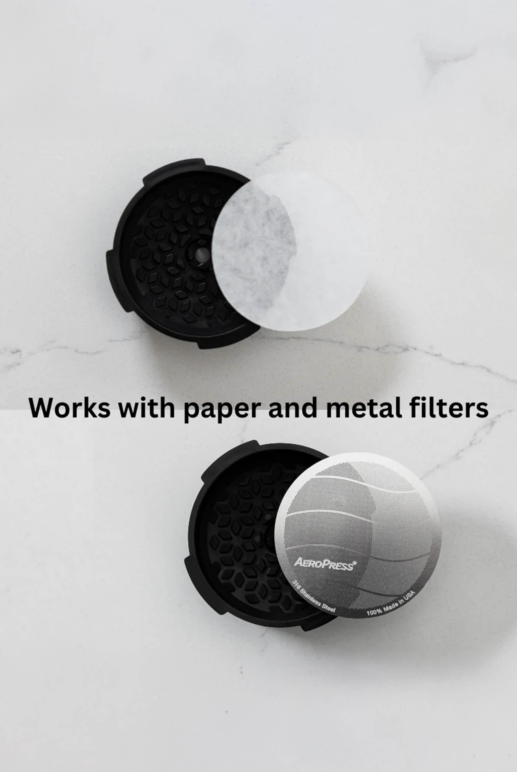 AeroPress flow filter with paper and metal filters on a white background
