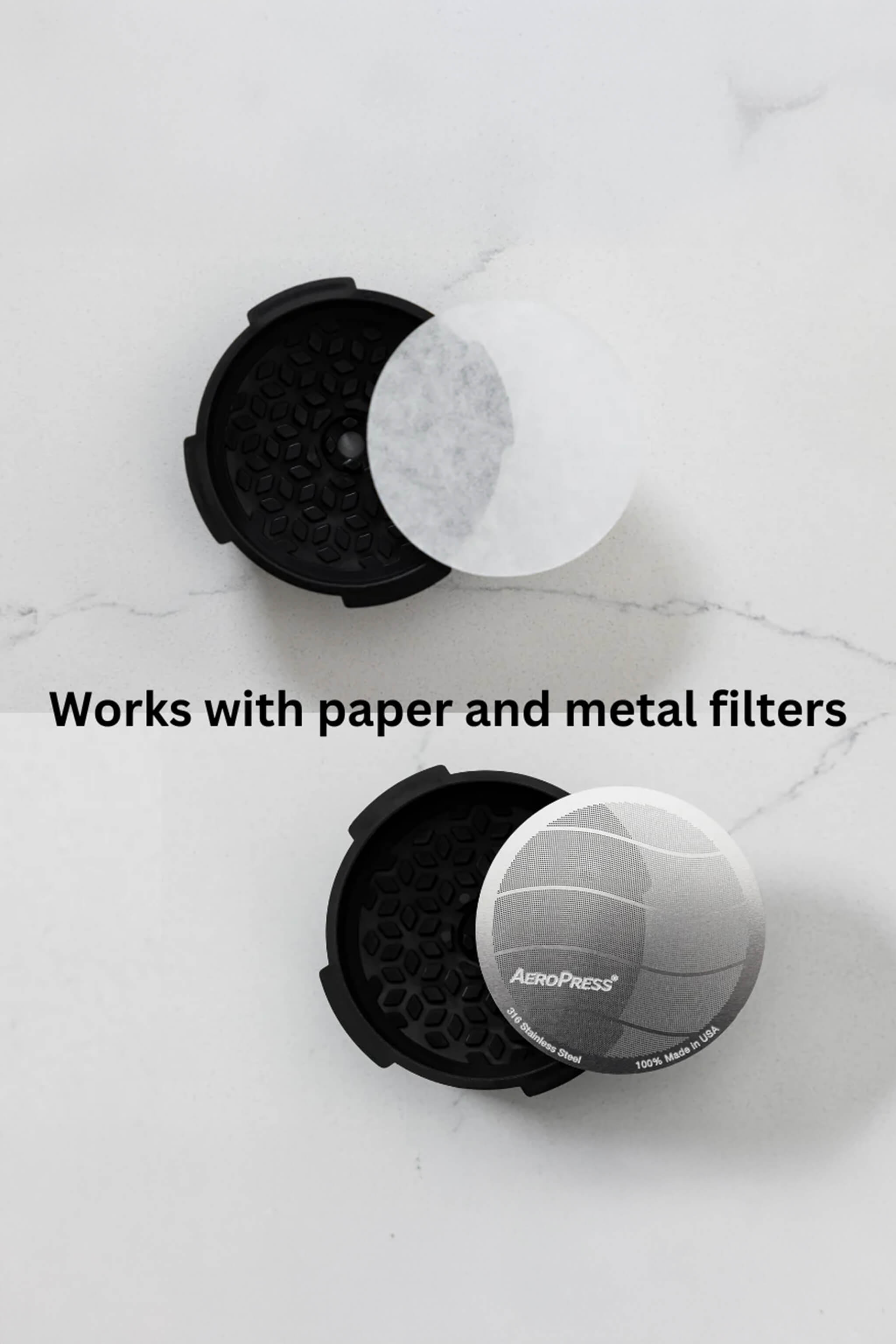 AeroPress flow filter with paper and metal filters on a white background