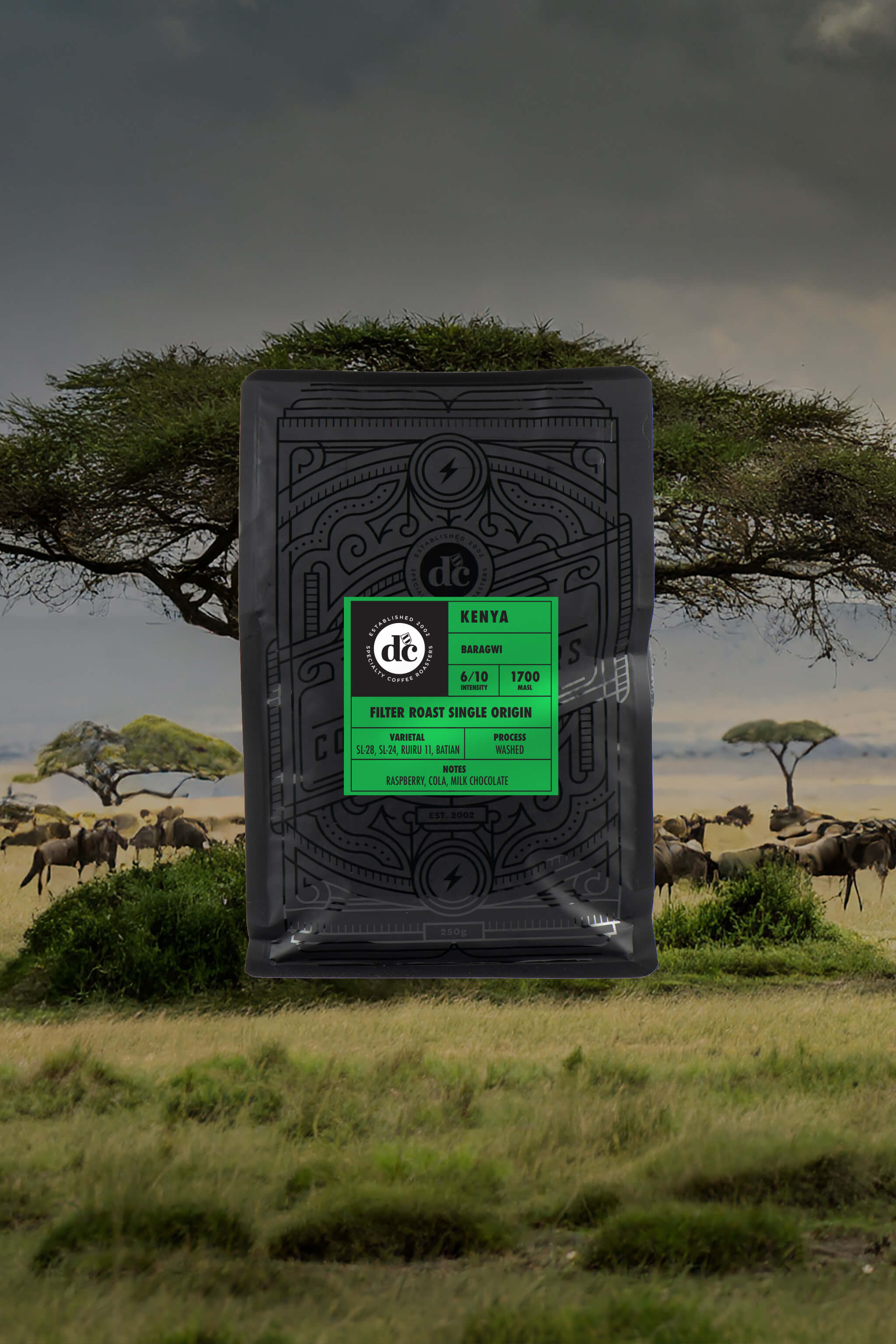 Bag of coffee on Kenyan landscape background