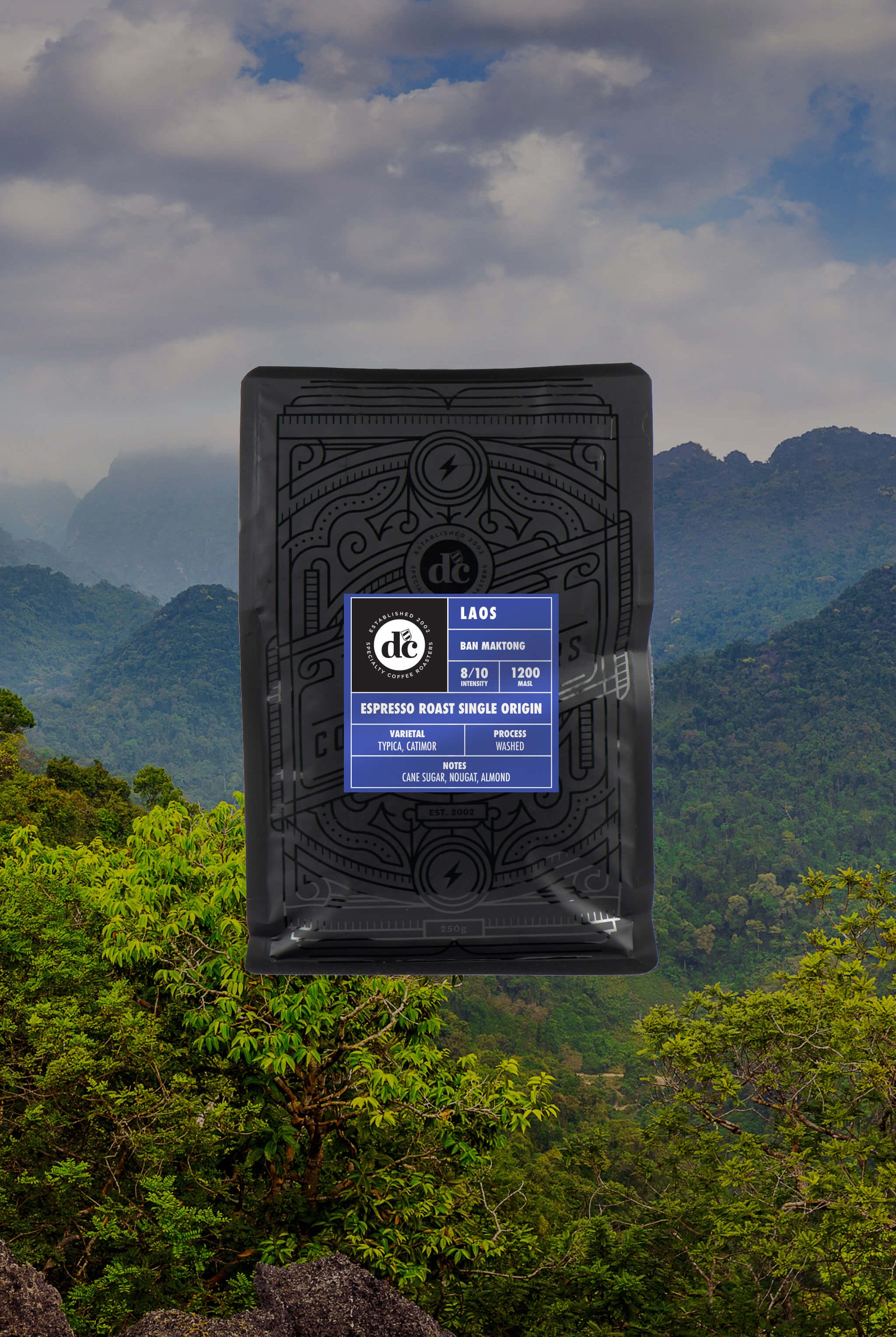 Bag of coffee on mountainous background