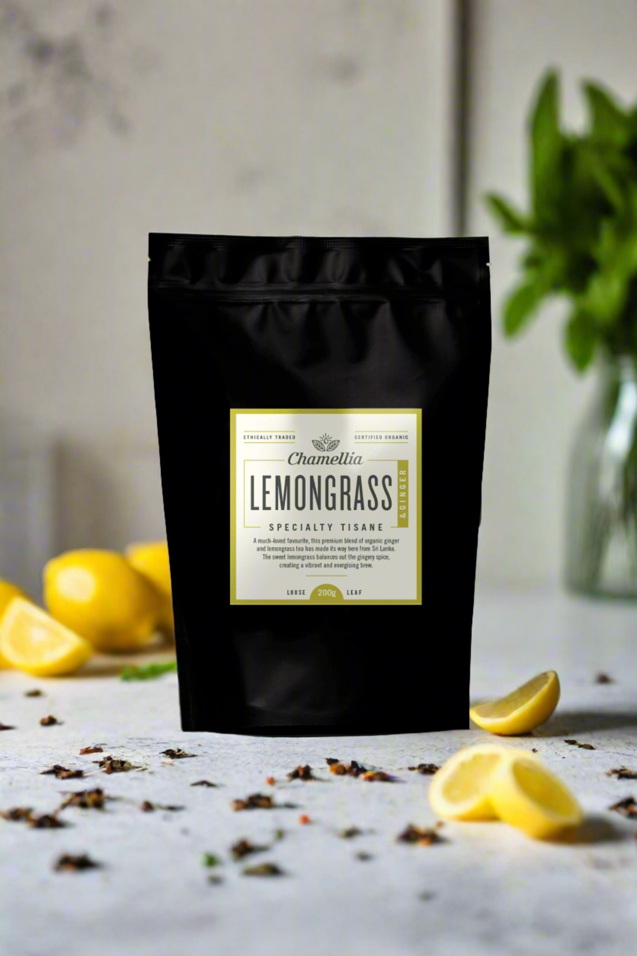 a bag of lemongrass and ginger tea leaves